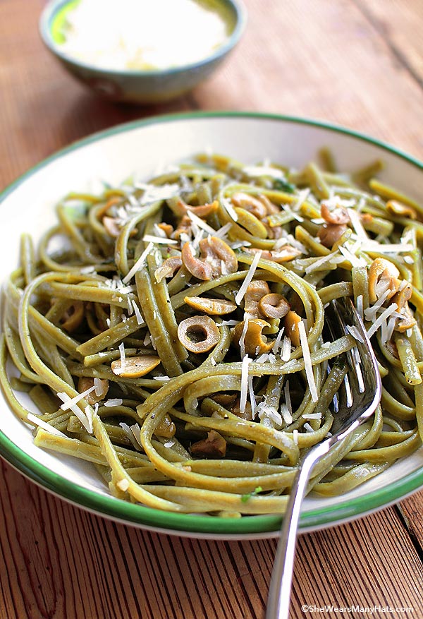 Spinach Pasta with Olives, Basil, Garlic, and Lime