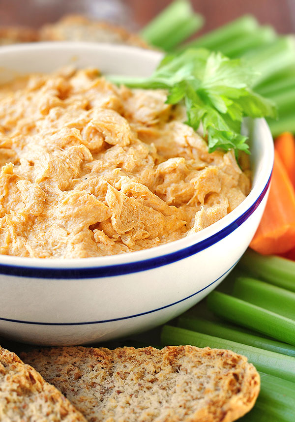 Game day food for Super Bowl, chips with buffalo chicken dip and