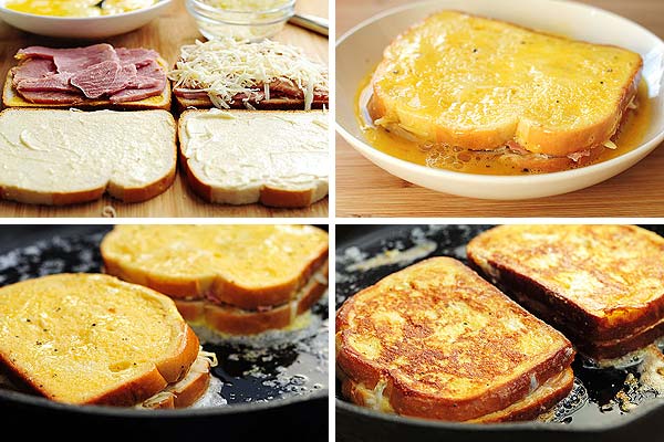 grid of images showing steps to make monte christo sandwich