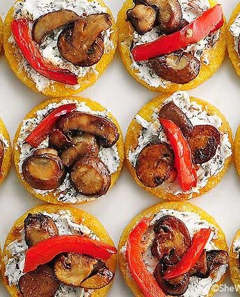 Polenta Pizzas with Goat Cheese Sauteed Mushroom and Peppers Recipe shewearsmanyhats.com