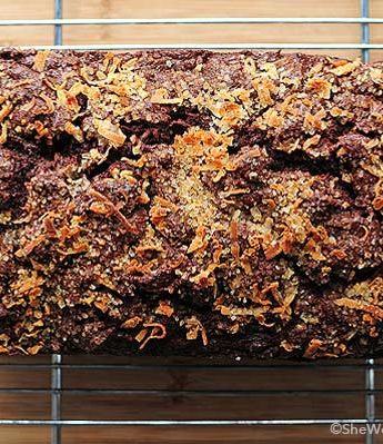 This Dark Chocolate Banana Bread topped with toasted coconut is delicious!