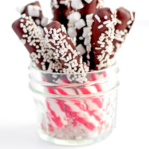 These easy Chocolate Dipped Peppermint Sticks will make any cup of hot chocolate that much better, or swirl in a cup of Joe for a hint of peppermint mocha.