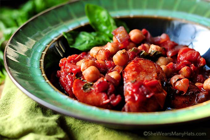 This delicious Italian Style Garbanzos and Sausage Recipe is a great weeknight meal that is quick and easy to make. Easily adapt for a vegetarian version if desired.