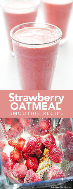 This Strawberry Oatmeal Smoothie is perfect for breakfast or as a snack. shewearsmanyhats.com