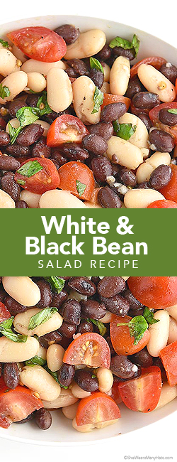  This White and Black Bean Salad Recipe with Tomatoes, Basil and Garlic is an easy and healthy side dish that is not to be missed. shewearsmanyhats.com