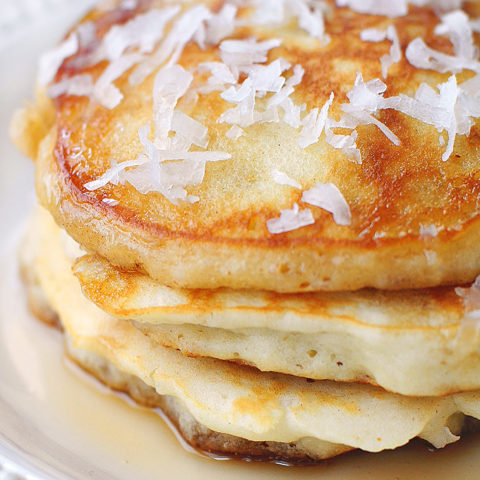 Coconut Pancakes Recipe shewearsmanyhats.com