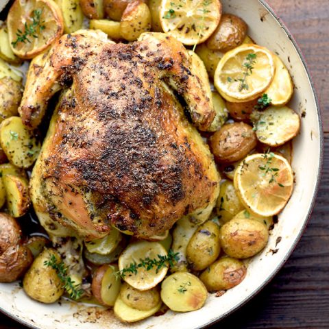 Roasted Garlic Lemon Chicken and Potatoes Recipe | shewearsmanyhats.com