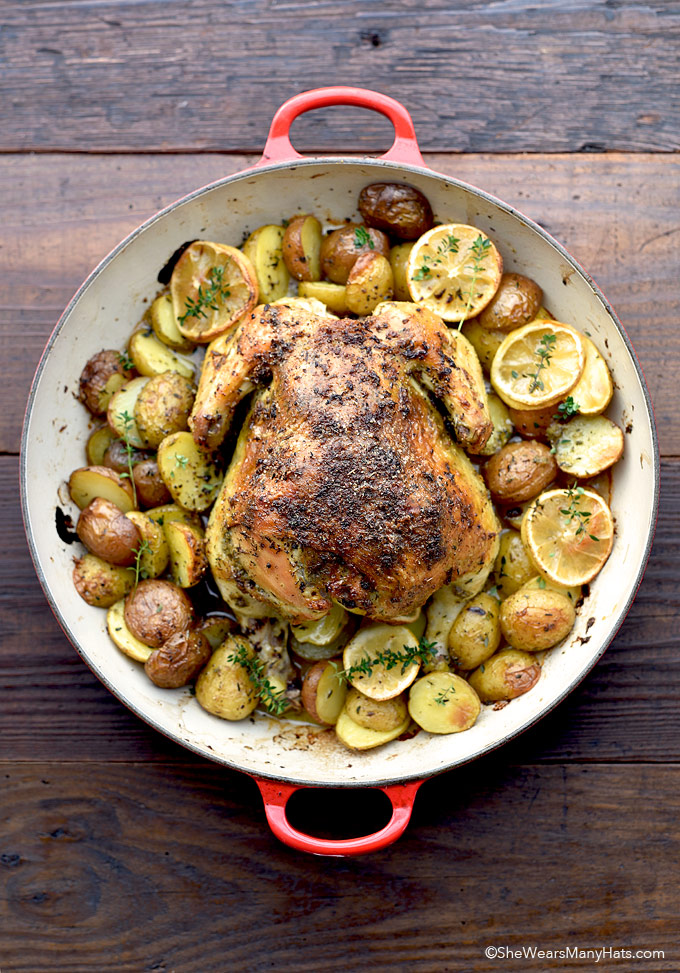 Roasted Garlic Lemon Chicken and Potatoes Recipe | shewearsmanyhats.com