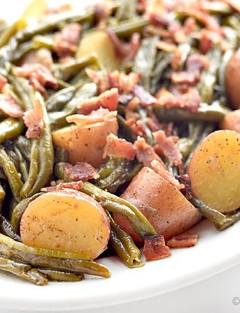 Southern Green Beans and Potatoes with Vidalia Onion and Bacon Recipe | shewearsmanyhats.com