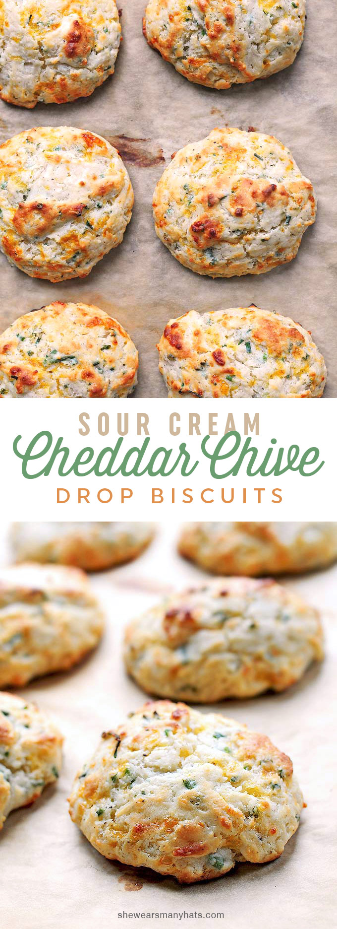 Easy Sour Cream Cheddar Chive Drop Biscuits Recipe | shewearsmanyhats.com