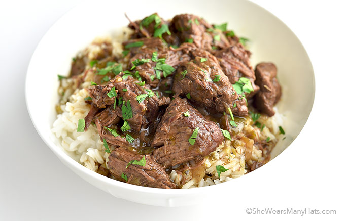 Easy Stew Beef and Rice Recipe | shewearsmanyhats.com