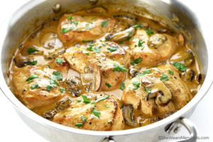 Chicken Breasts with Mushroom Sauce in a stainless steel pan