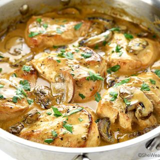 Chicken Breasts with Mushroom Sauce in a stainless steel pan