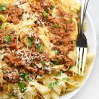 plate of beef bolognese pasta sauce