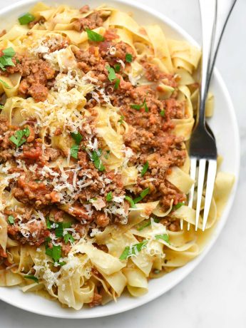 plate of beef bolognese pasta sauce