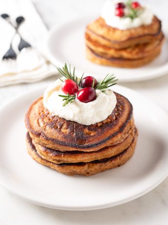 Stacks of homemade Gingerbread Pancakes. Recipe from shewearsmanyhats.com